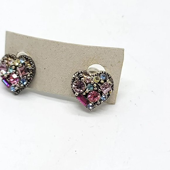 Stunning Silver Tone Multi Color Glass Rhinestone Heart Post Earrings Vintage - Picture 4 of 5